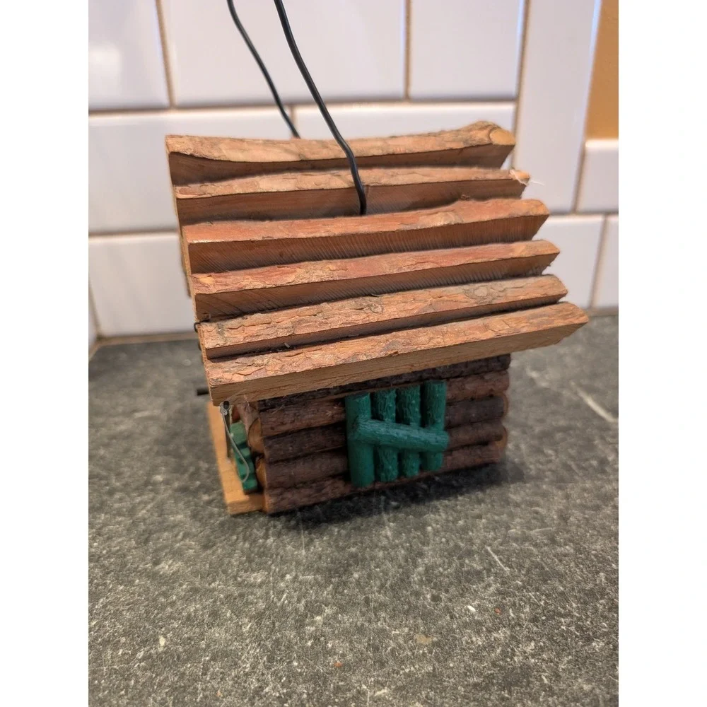 Handmade Rustic Log Cabin Birdhouse Wood Fishing Lodge Decor with Wire‎ Hanger